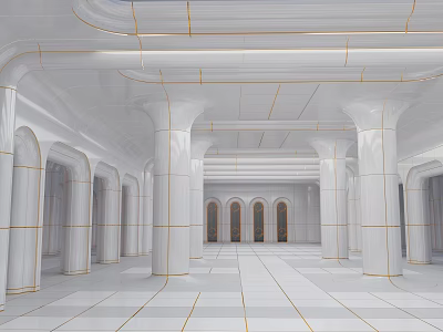 Spacious White Interior With Golden Lines Arched Doors And Columns 3d model