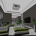 Modern Minimalist Living And Dining Room Interior With Cozy Sofas Flat TV And Green Plants
