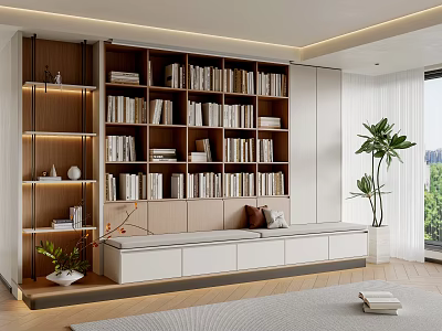 Modern Full Wall Bookshelf With Seating Bench And Built In LED Lighting For Living Room 3d model
