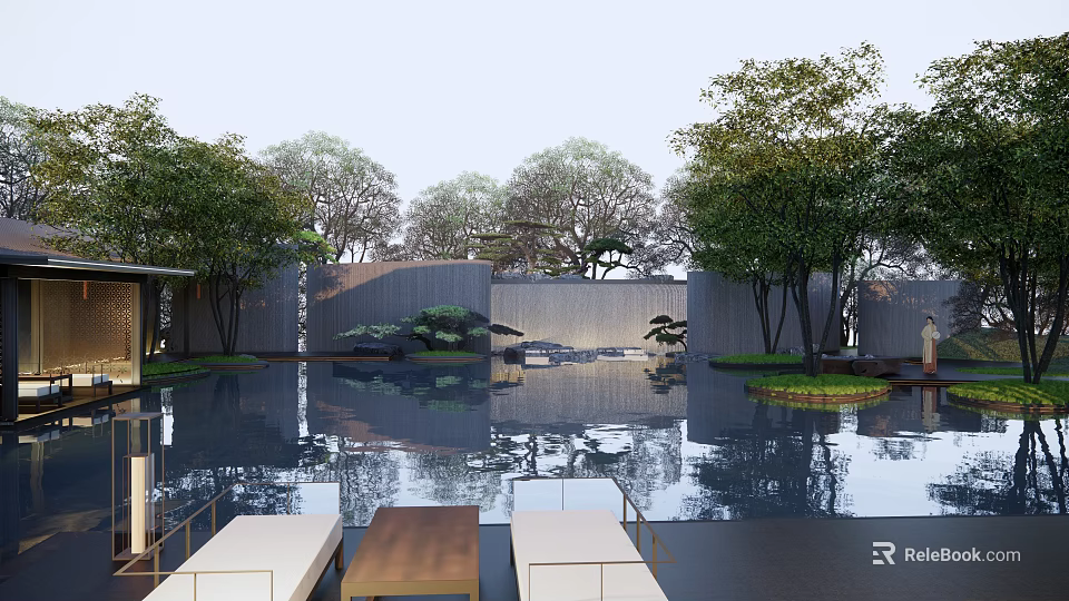 Modern Landscape Feature Wall With Water Pool Reflections And Green Trees 3d model