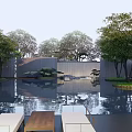 Modern Landscape Feature Wall With Water Pool Reflections And Green Trees 3d model