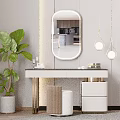 Modern Dressing Table With Oval Mirror Large Green Plant Minimalist Stool And Pendant Lights