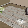 Light Colored Square Rug With Beige Stripes Circular Patterns White Flower Bouquet And Magazines On Wooden Floor