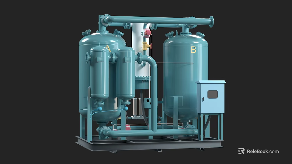 High Efficiency Industrial Air Drying Equipment with Blue Cylindrical Tanks Pipes and Control Cabinet 3d model 