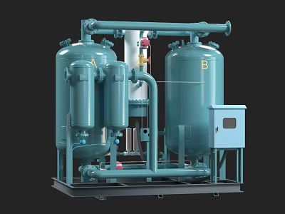 High Efficiency Industrial Air Drying Equipment with Blue Cylindrical Tanks Pipes and Control Cabinet 3d model