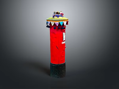 Artistic Red Decorative Column Featuring Colorful Triangular Top Ornaments And Small Toy Vehicle 3d model