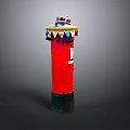 Artistic Red Decorative Column Featuring Colorful Triangular Top Ornaments And Small Toy Vehicle