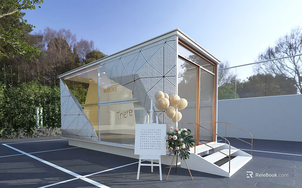 Container Building Shop With Modern Geometric Design Transparent Glass Flower Bouquet And Balloons 3d model 