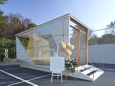 Container Building Shop With Modern Geometric Design Transparent Glass Flower Bouquet And Balloons 3d model