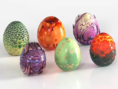 Vibrant Colorful Egg Shaped Decorative Ornament Set With Intricate Textured Patterns 3d model