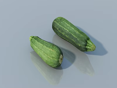 Two Fresh Green Striped Zucchini Vegetables On Smooth Reflective Surface 3d model