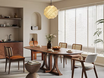 Cozy Modern Restaurant Interior With Wooden Dining Table Pendant Light Window Blinds And Potted Plant 3d model