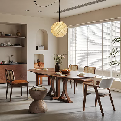 Cozy Modern Restaurant Interior With Wooden Dining Table Pendant Light Window Blinds And Potted Plant 3d model