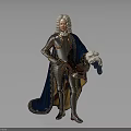 Historical Man in Silver Armor With Curly Hair Wearing Blue Cape Holding Helmet