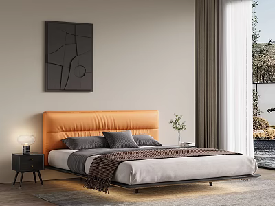 Double Bed Orange Headboard Gray Pillows Dark Blanket Side Nightstand Table Lamp Modern Wall Art 3d model