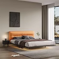 Double Bed Orange Headboard Gray Pillows Dark Blanket Side Nightstand Table Lamp Modern Wall Art