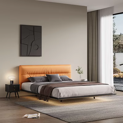 Double Bed Orange Headboard Gray Pillows Dark Blanket Side Nightstand Table Lamp Modern Wall Art 3d model