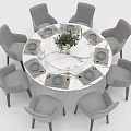 Round Dining Table Set With Gray Chairs Tableware And Green Plant Centerpiece 3d model