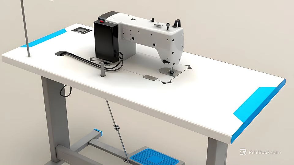 Industrial Sewing Machine on White Workbench with Blue Edge and Foot Pedal 3d model 