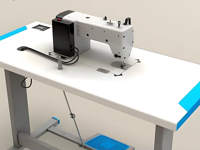 Industrial Sewing Machine on White Workbench with Blue Edge and Foot Pedal 3d model