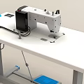 Industrial Sewing Machine on White Workbench with Blue Edge and Foot Pedal