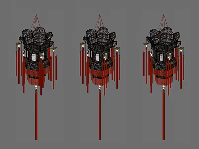 Three Traditional Chinese Lanterns With Black Red Design And Hanging Red Tassels 3d model