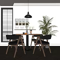 Modern Dining Table And Chairs Set With Pendant Light Coffee Cup Vase Shelf And Plant