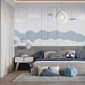 Kids Room Interior Design with Cloud Moon Star Wall Bedside Tables and Pendant Lights