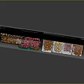 Assorted Fresh Food Display Counter Featuring Various Meats Fruits And Pastries Arranged Neatly