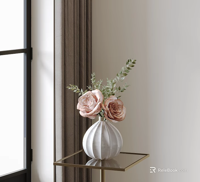 White Striped Vase With Pink Roses And Green Leaves On Gold Metal Table 3d model 