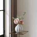 White Striped Vase With Pink Roses And Green Leaves On Gold Metal Table