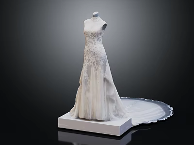 Elegant White Wedding Dress With Intricate Embroidery And Long Train On Mannequin 3d model