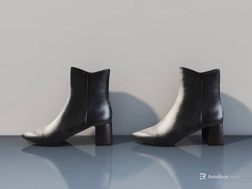 Stylish Black Leather Ankle Boots With Minimalist Design And Comfortable Block Heel 3d model 