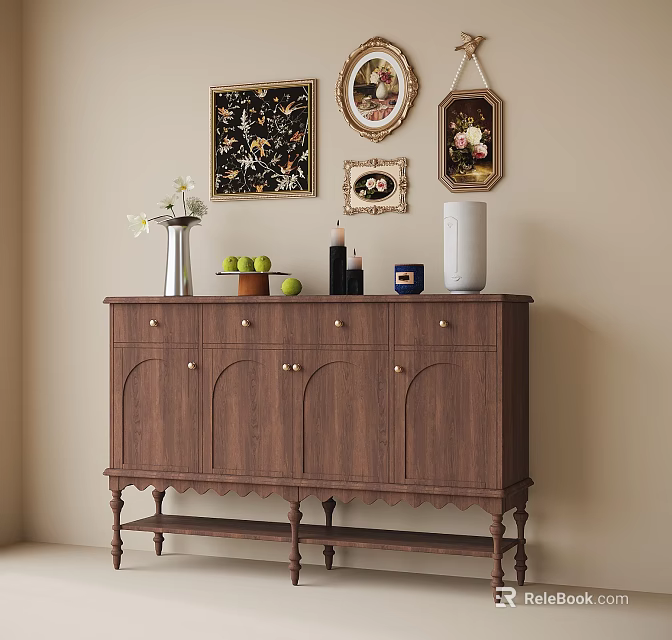Traditional Wooden Entryway Cabinet and Sideboard With Carved Legs Decorative Vase and Wall Art 3d model 
