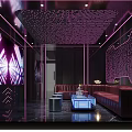 Modern KTV Lounge Interior With Purple Neon Lights Leather Sofas And Decorative Ceiling Design