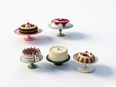 Assorted Decorated Cakes on Colorful Cake Stands With Toppings and Designs 3d model