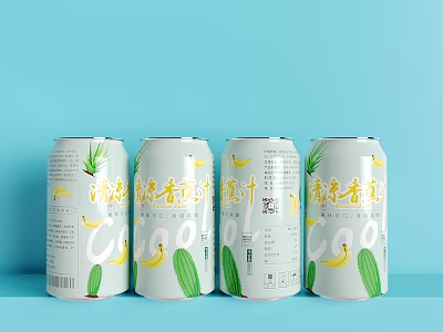 Canned Cool Mint Flavored Drinks With Banana And Cactus Graphics On Light Blue Background 3d model