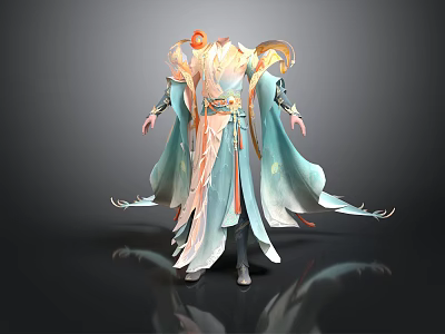 Elegant Traditional Robe With Light Blue White Flowing Sleeves And Gold Accents 3d model