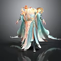 Elegant Traditional Robe With Light Blue White Flowing Sleeves And Gold Accents