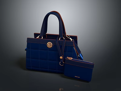 Blue Quilted Handbag Set With Circular Logo And Matching Small Pouch 3d model