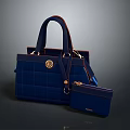 Blue Quilted Handbag Set With Circular Logo And Matching Small Pouch 3d model