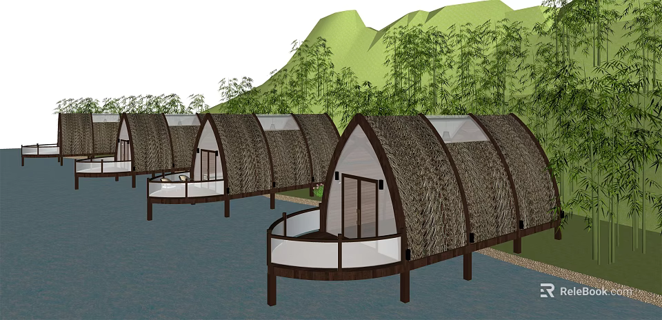 Thatched Roof Huts Over Water With Mountain Backdrop And Bamboo Forest 3d model 