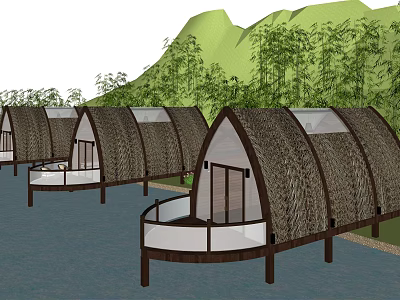 Thatched Roof Huts Over Water With Mountain Backdrop And Bamboo Forest 3d model