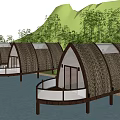 Thatched Roof Huts Over Water With Mountain Backdrop And Bamboo Forest