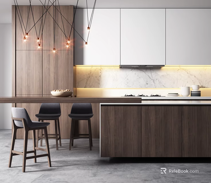 Modern Kitchen Interior With Wooden Cabinets Island Counter Marble Backsplash And Hanging Lights 3d model 