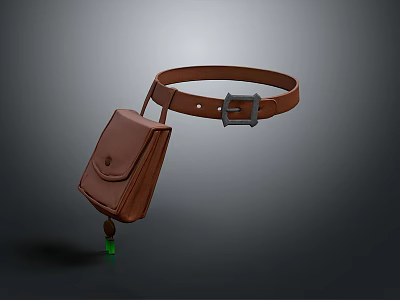 Brown Leather Pouch With Adjustable Belt Metal Buckle And Green Tassel 3d model