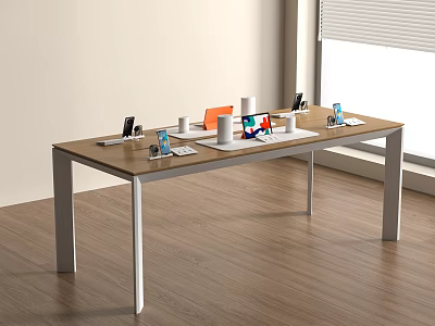 Contemporary Office Desk With Wooden Top Silver Legs Laptop Phone And Folders By Window 3d model