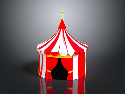 Colorful Circus Tent With Red White Stripes Golden Top And Red Curtains 3d model