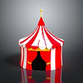 Colorful Circus Tent With Red White Stripes Golden Top And Red Curtains