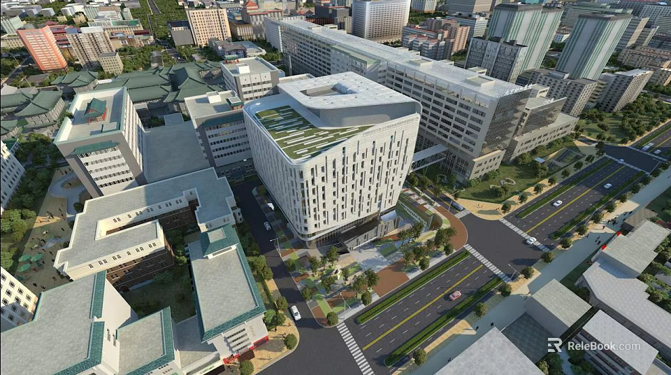 Modern Hospital Building Architectural Design In Urban Aerial View With Green Spaces 3d model 